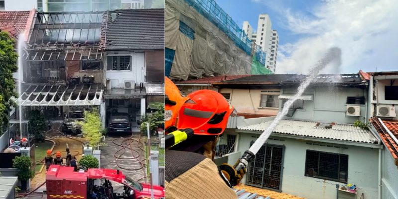 A terrace house in Katong is destroyed by fire, and two nearby units are also affected