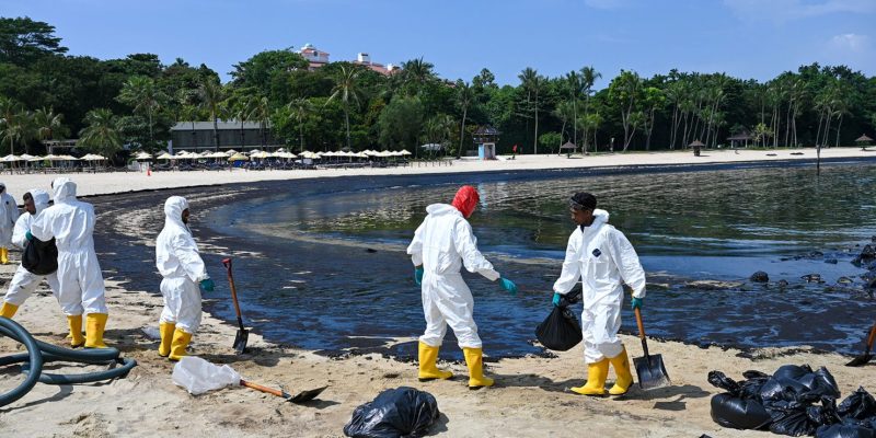 Oil Spill Clean-Up Resumes at Sentosa and East Coast Park